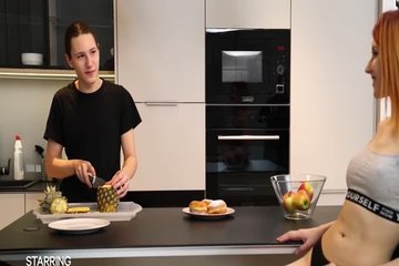 Рыжая бестия лижет очко парня во время секса на кухне